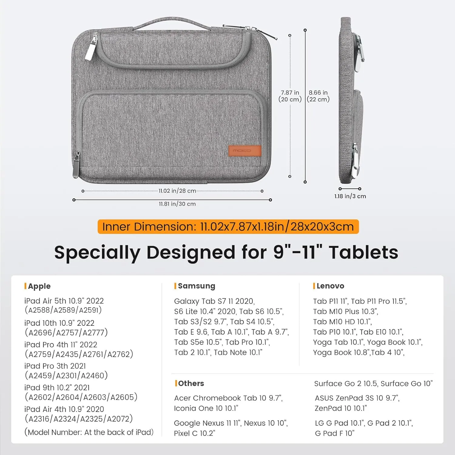 MoKo 9-11 Inch Tablet Sleeve Bag, Fits iPad Air 5/4th 10.9, iPad Pro 11 Inch, iPad 9/8th 10.2, iPad 10th 10.9, Tab S8/S9 11",Waterproof Polyester Bag with Double Pockets,Retractable Handle, Gray