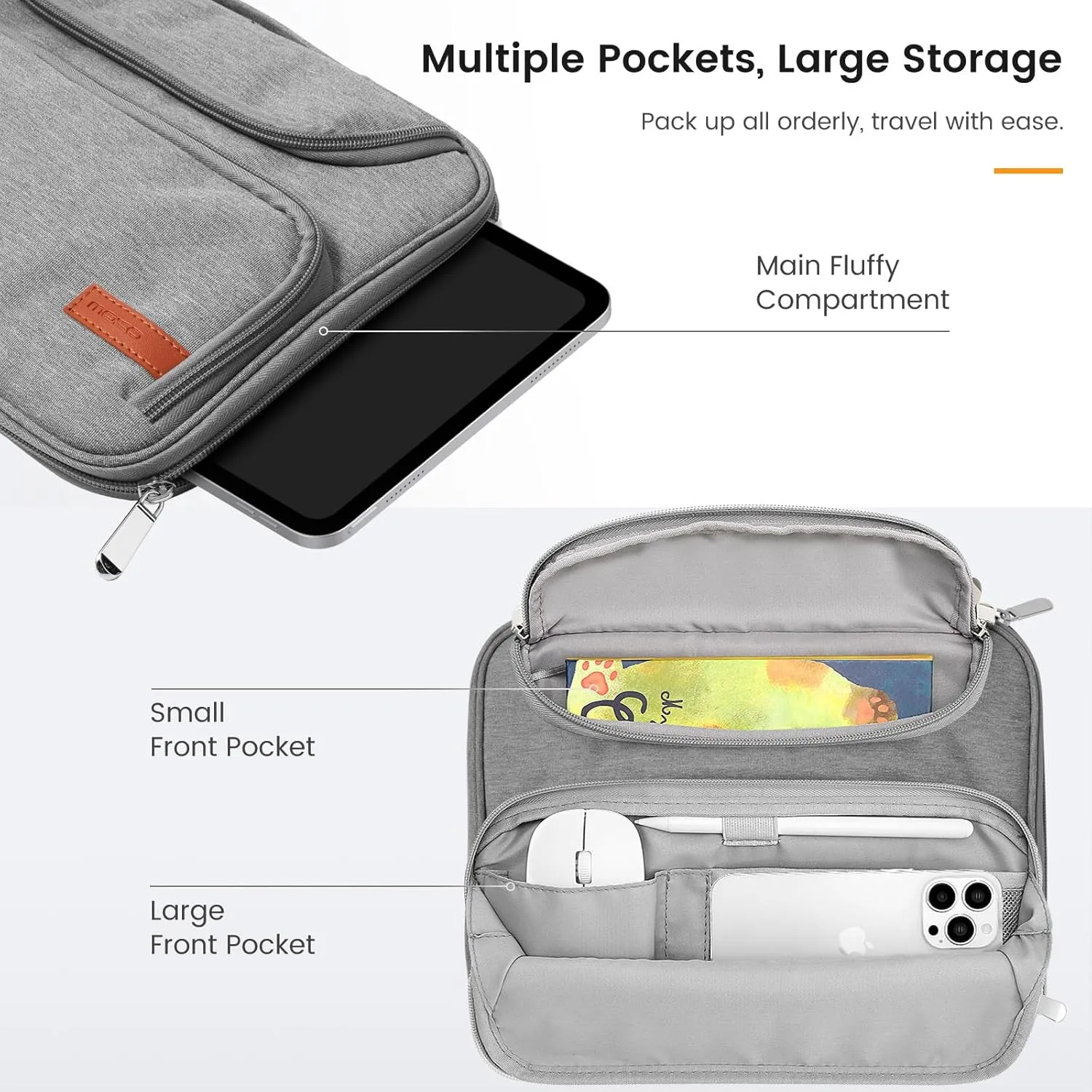 MoKo 9-11 Inch Tablet Sleeve Bag, Fits iPad Air 5/4th 10.9, iPad Pro 11 Inch, iPad 9/8th 10.2, iPad 10th 10.9, Tab S8/S9 11",Waterproof Polyester Bag with Double Pockets,Retractable Handle, Gray