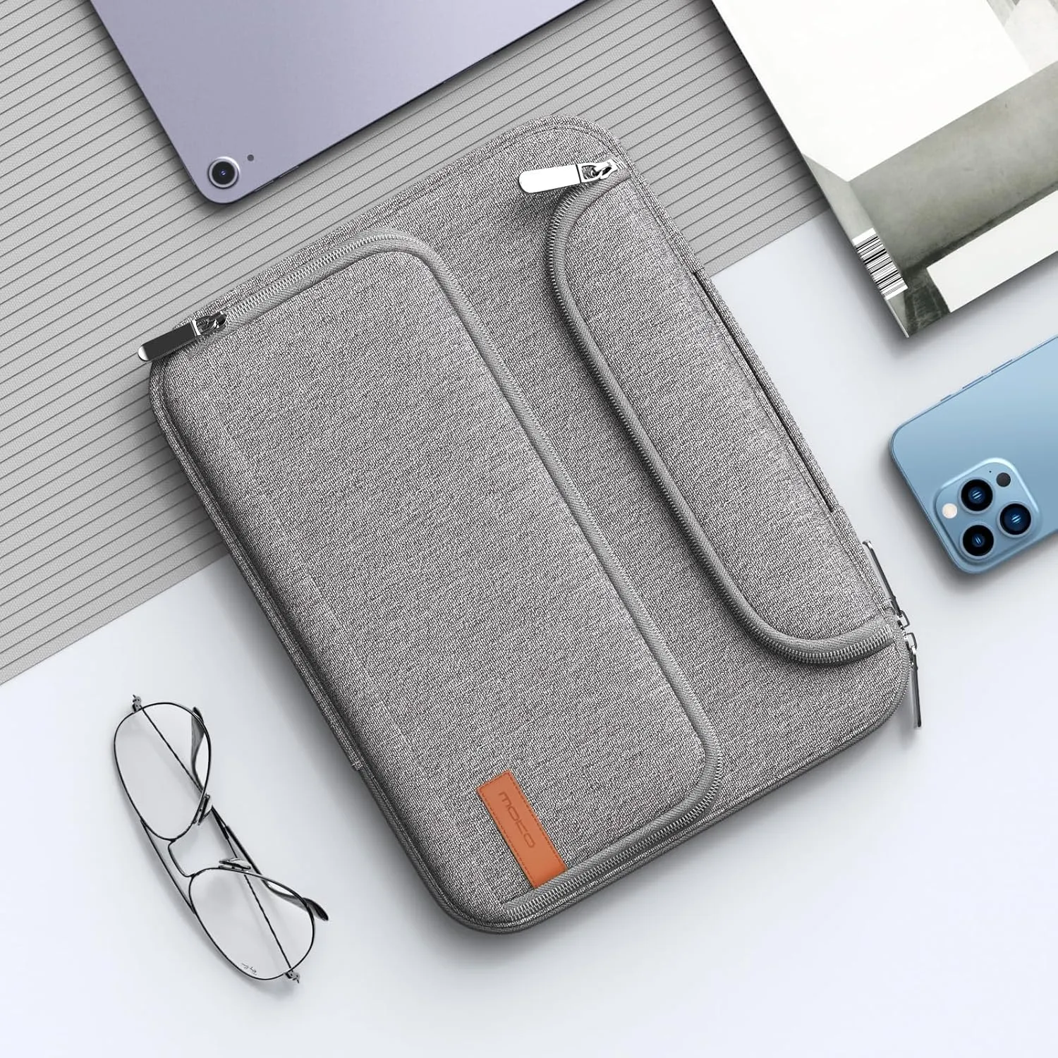 MoKo 9-11 Inch Tablet Sleeve Bag, Fits iPad Air 5/4th 10.9, iPad Pro 11 Inch, iPad 9/8th 10.2, iPad 10th 10.9, Tab S8/S9 11",Waterproof Polyester Bag with Double Pockets,Retractable Handle, Gray