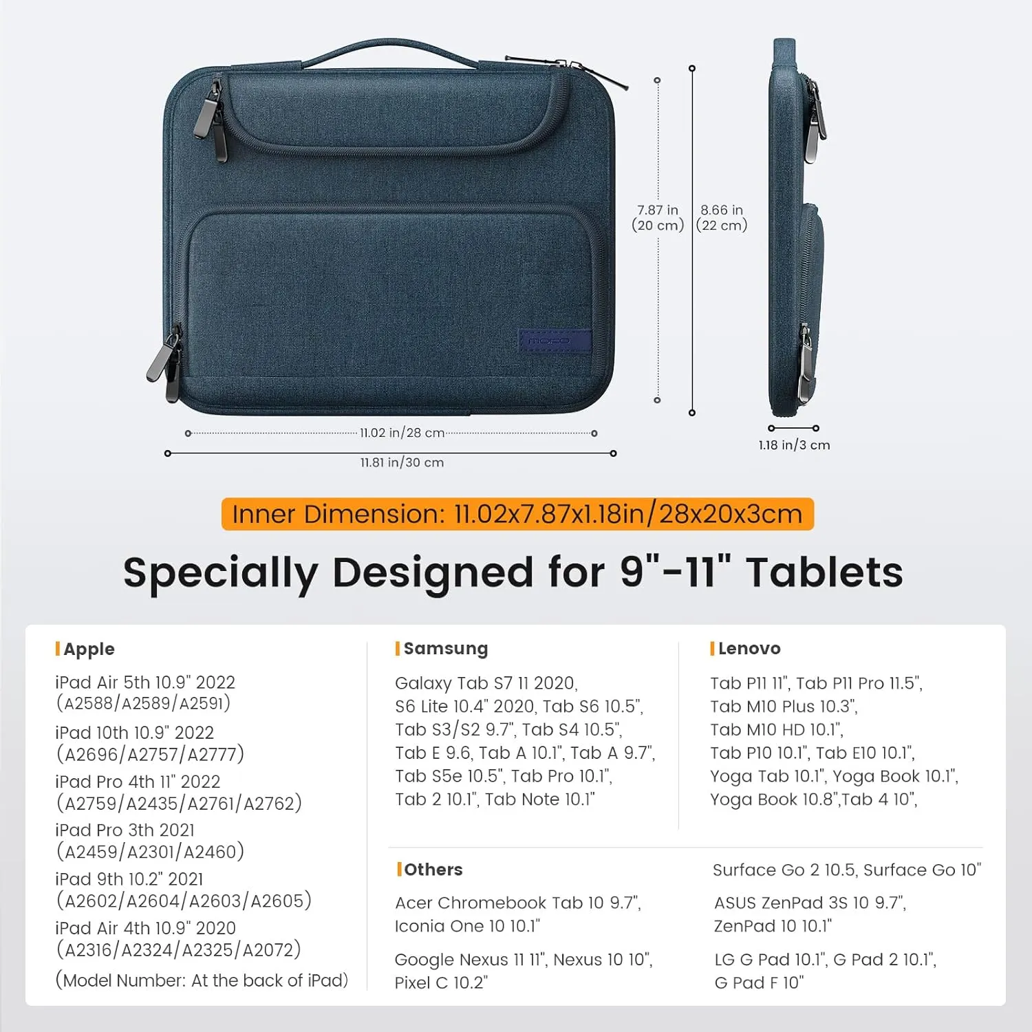 MoKo 9-11 Inch Tablet Sleeve Bag, Fits iPad Air 5/4th 10.9, iPadPro 11 Inch, iPad 10/9/8th, Tab S8/S9, Waterproof Polyester Bag with Double Pockets, Retractable Handle, Indigo
