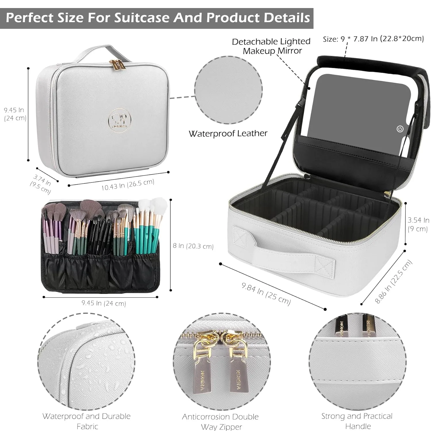 MOMIRA Travel Makeup Bag Cosmetic Bag Makeup Organizer Bag with Lighted Mirror, Adjustable Brightness in 3 Color Scenarios, Waterproof Makeup Train Case, Gift for Women - Silver