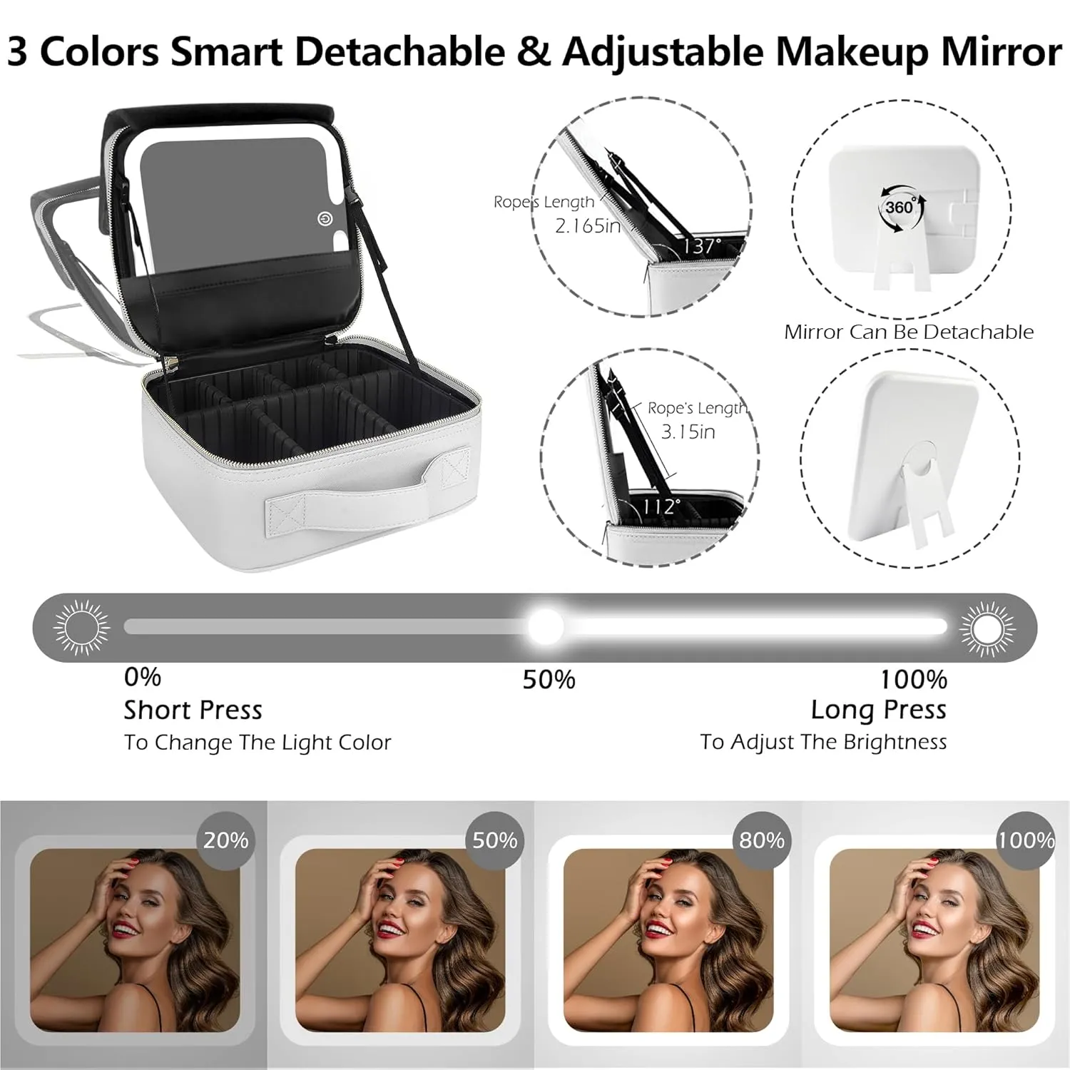 MOMIRA Travel Makeup Bag Cosmetic Bag Makeup Organizer Bag with Lighted Mirror, Adjustable Brightness in 3 Color Scenarios, Waterproof Makeup Train Case, Gift for Women - Silver