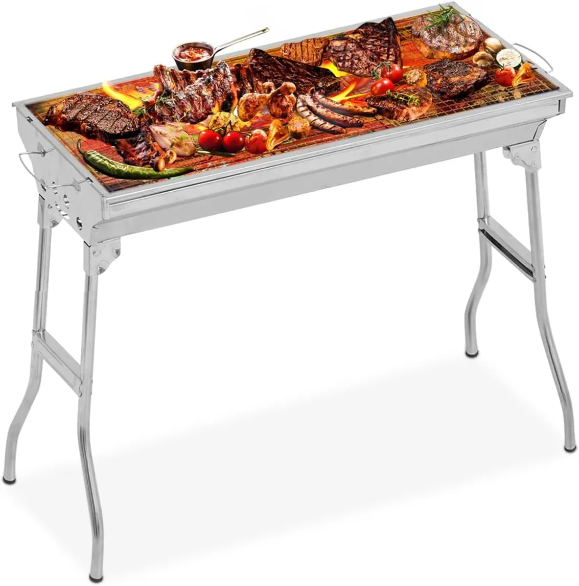 MoNiBloom Portable Grill Table for Outside, Lightweight Stainless Steel Grill Stand Camp Foldable Cooking Table Outdoor Indoor Table for Camping BBQ RV Picnic, Easy to Assemble, Silver
