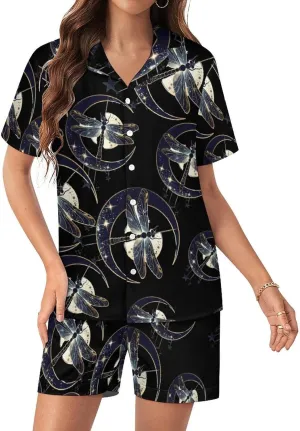 Moon Nature Insect Dragonfly Women's Satin Pajama Set Short Sleeve Button Down Sleepwear Loungewear Pj Set