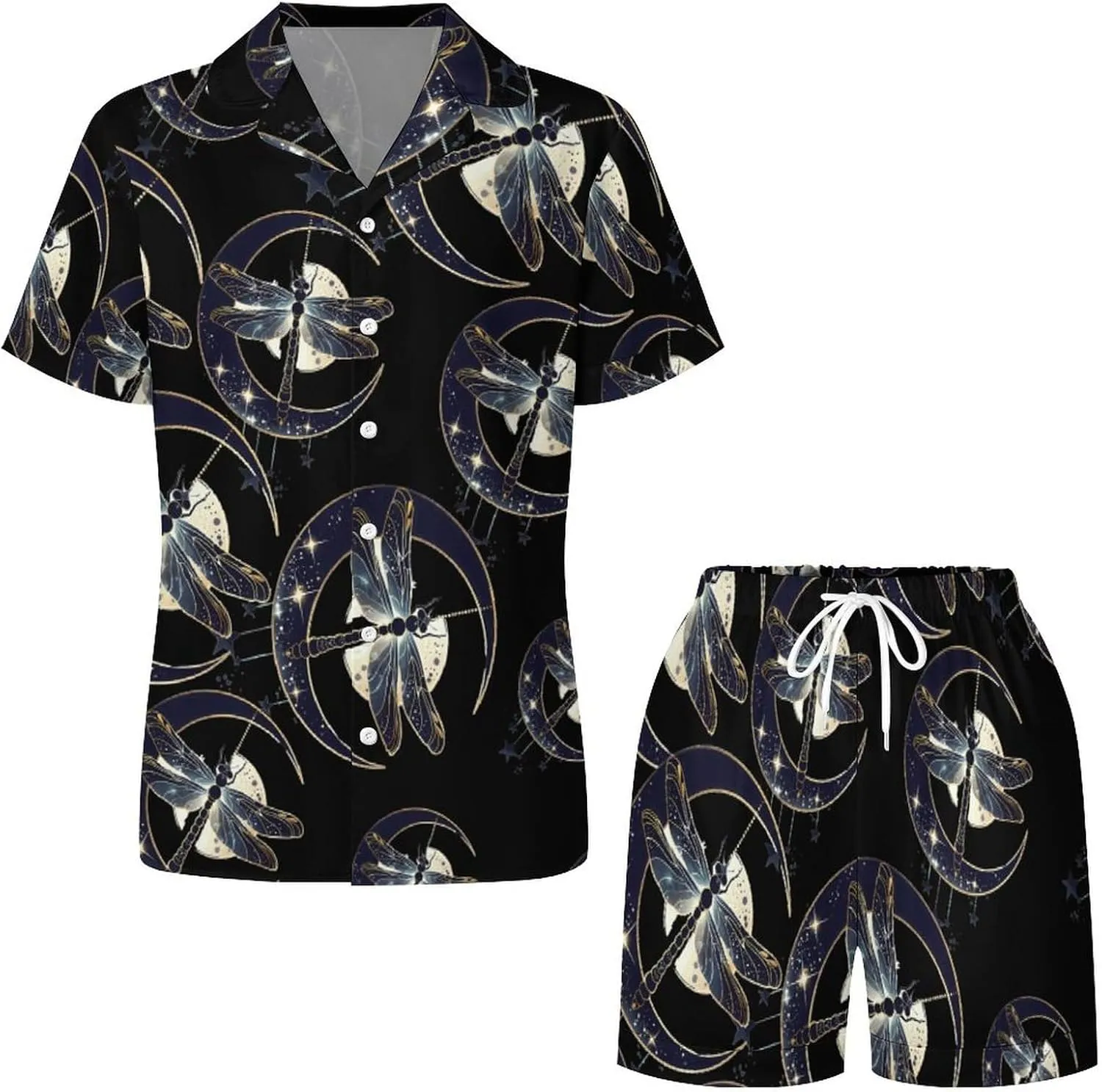 Moon Nature Insect Dragonfly Women's Satin Pajama Set Short Sleeve Button Down Sleepwear Loungewear Pj Set