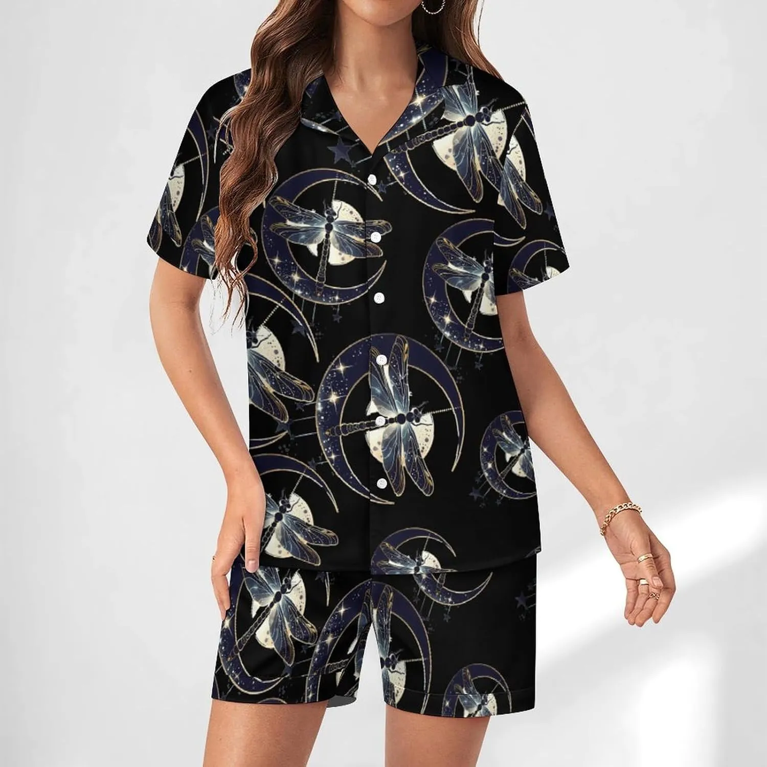 Moon Nature Insect Dragonfly Women's Satin Pajama Set Short Sleeve Button Down Sleepwear Loungewear Pj Set
