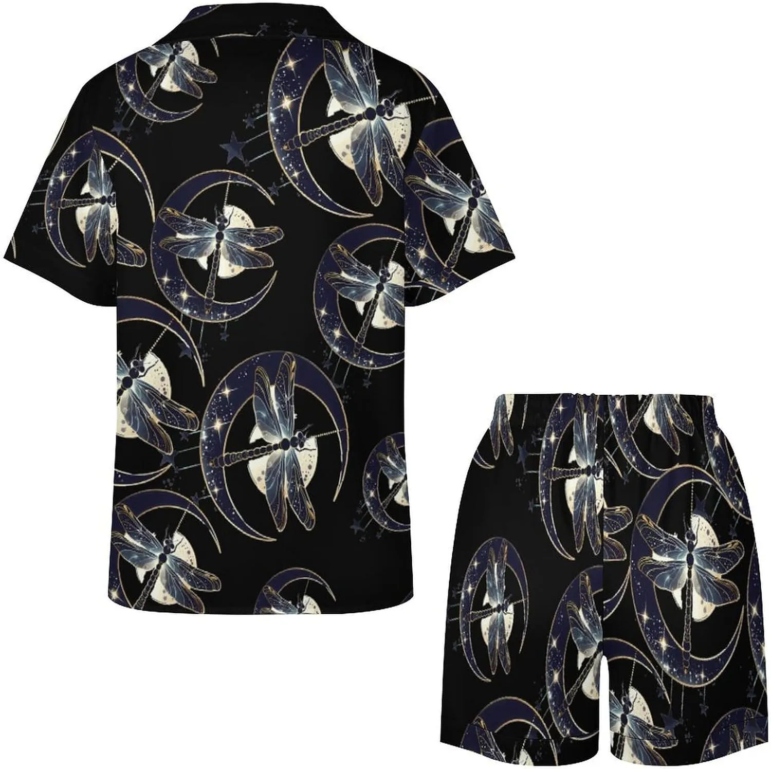 Moon Nature Insect Dragonfly Women's Satin Pajama Set Short Sleeve Button Down Sleepwear Loungewear Pj Set