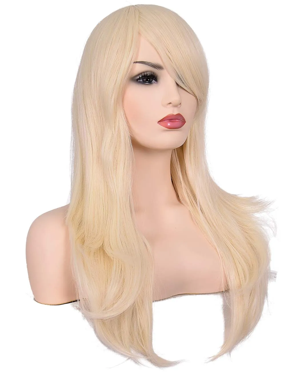 morvally 23 inches Long Curly Wig Big Wave Heat Resistant Synthetic Hair with Bangs for Cosplay Costume Halloween Party (613# Light Blonde)