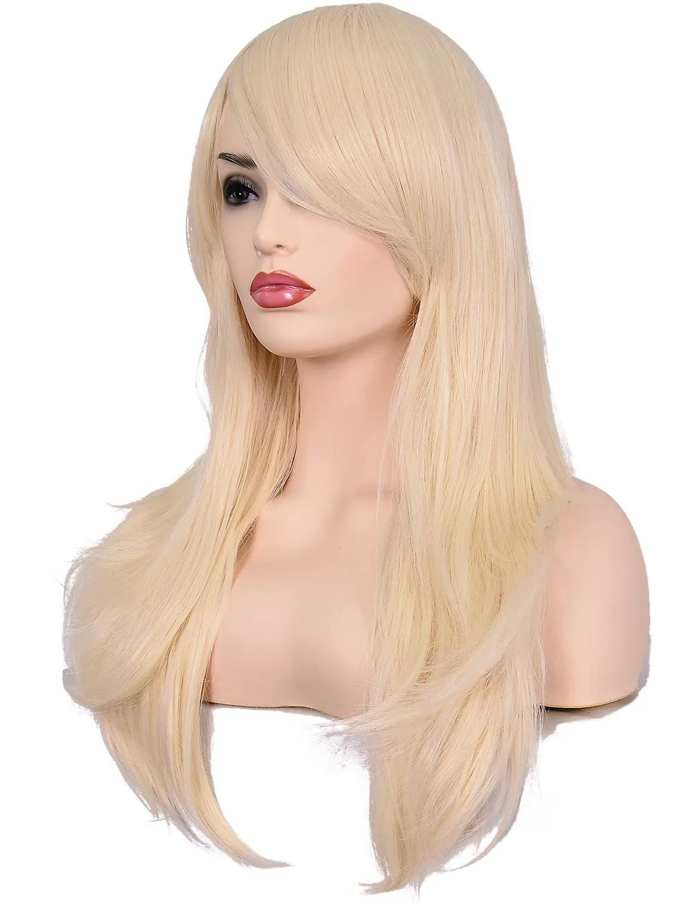 morvally 23 inches Long Curly Wig Big Wave Heat Resistant Synthetic Hair with Bangs for Cosplay Costume Halloween Party (613# Light Blonde)