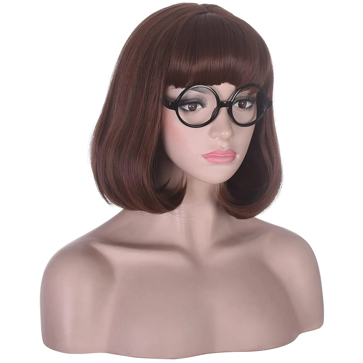 morvally Short Brown Bob Wig with Bangs for Cosplay Costume Hallaween Party Including Glasses (Brown)