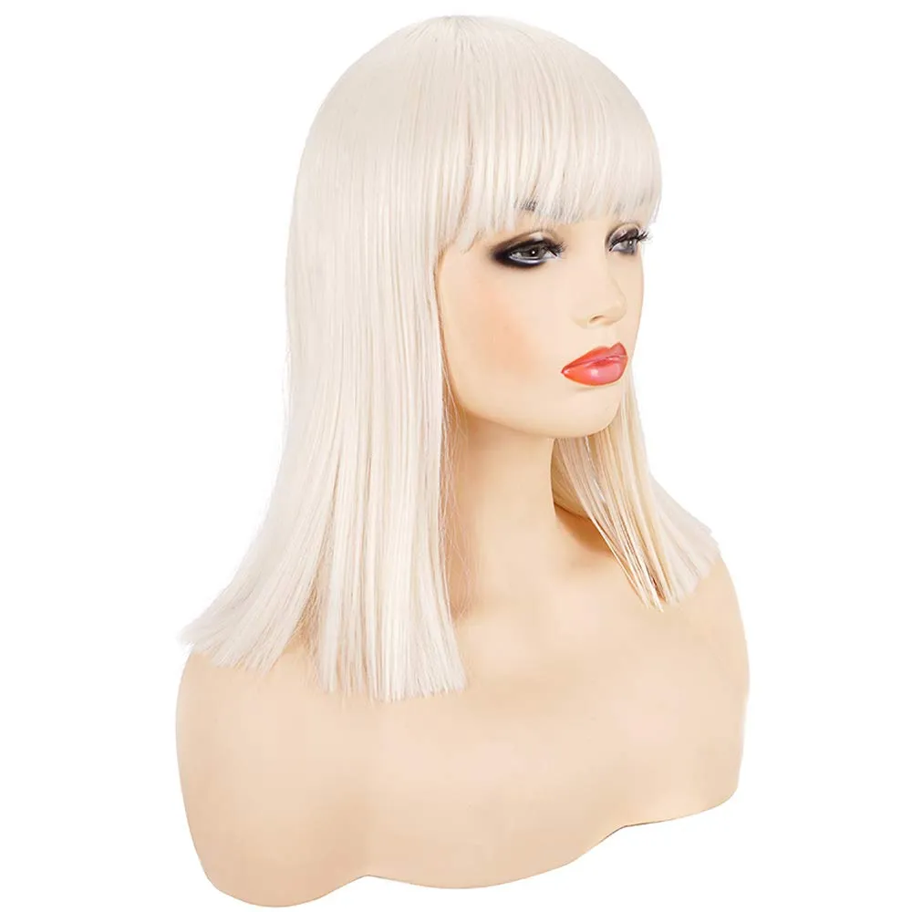 morvally Short Straight Bob Wig Heat Resistant Hair with Blunt Bangs Natural Looking Cosplay Costume Daily Wigs (14", Blonde)
