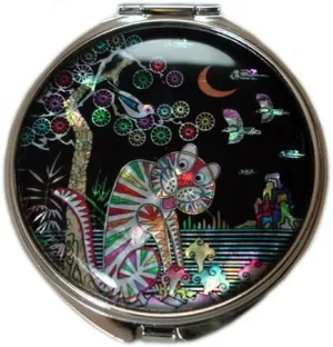 Mother of Pearl Tiger and Magpie Design Purse Double Compact Cosmetic Makeup Personal Handbag Stainless Steel Round Mirror
