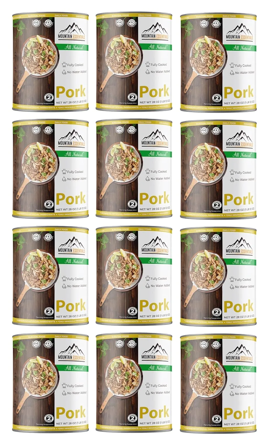 MOUNTAIN ESSENTIALS All Natural Canned Pork 28 Oz Fully Cooked Ready to Eat Emergency Survival Bulk Food Storage Premium Meat for Backpacking, Camping, Meal Prep Shelf Stable Food Pack of 12