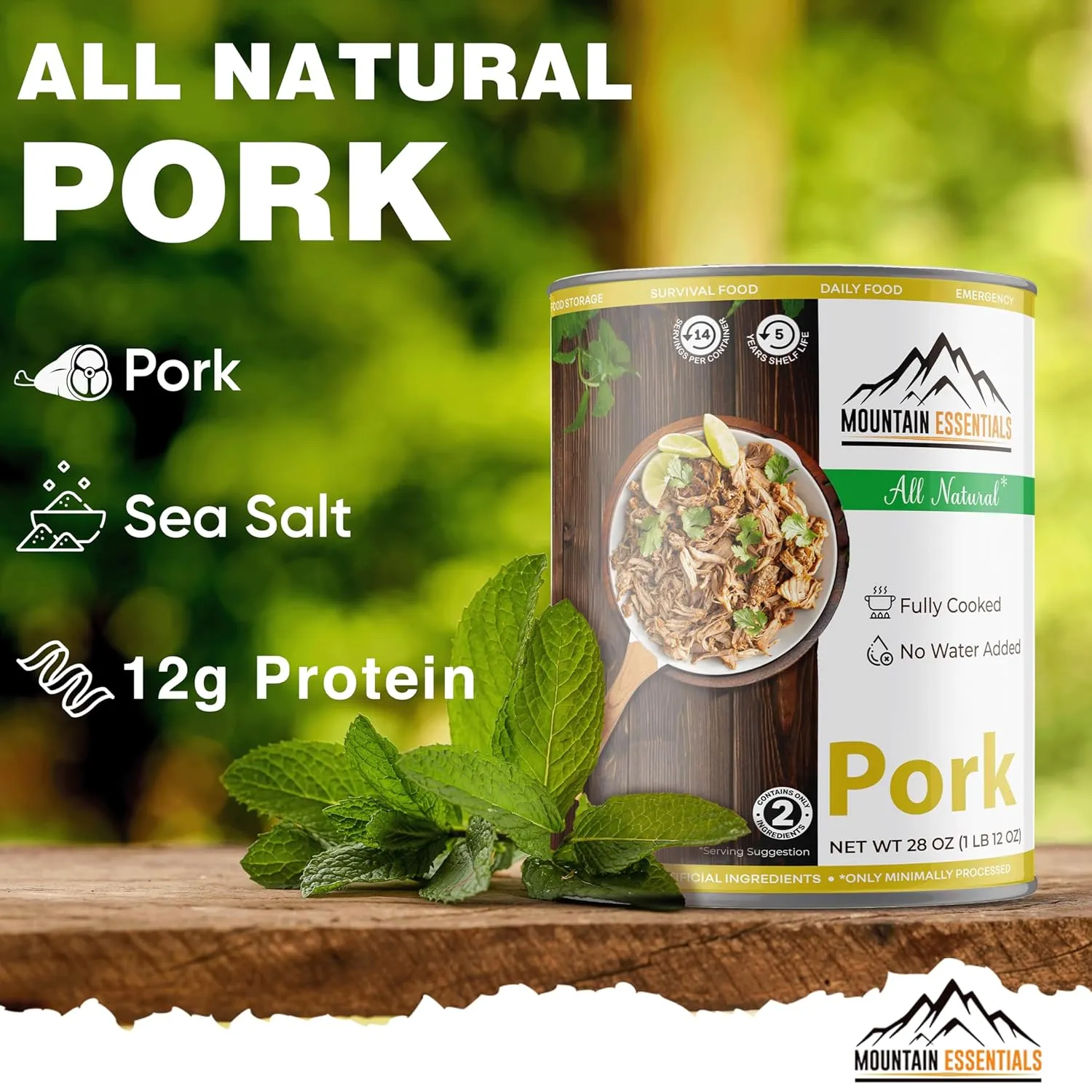 MOUNTAIN ESSENTIALS All Natural Canned Pork 28 Oz Fully Cooked Ready to Eat Emergency Survival Bulk Food Storage Premium Meat for Backpacking, Camping, Meal Prep Shelf Stable Food Pack of 12