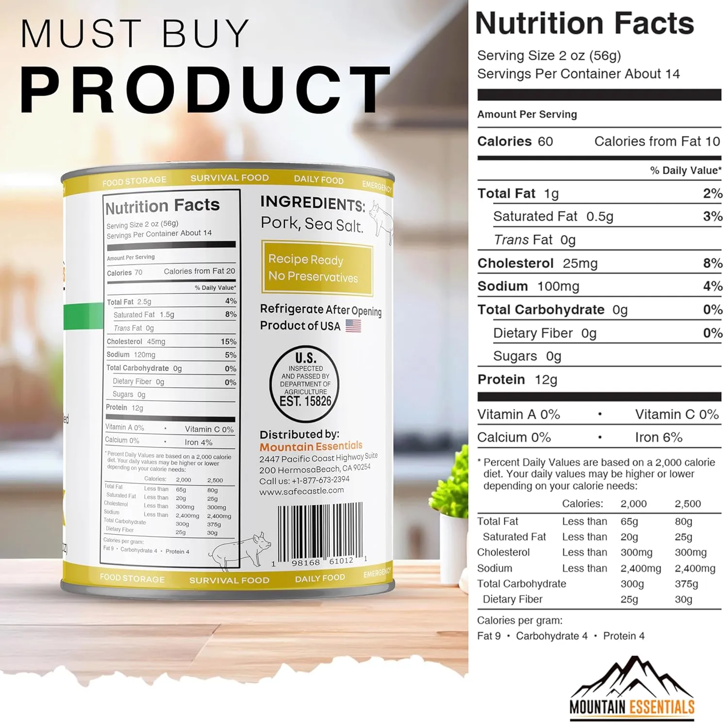 MOUNTAIN ESSENTIALS All Natural Canned Pork 28 Oz Fully Cooked Ready to Eat Emergency Survival Bulk Food Storage Premium Meat for Backpacking, Camping, Meal Prep Shelf Stable Food Pack of 12