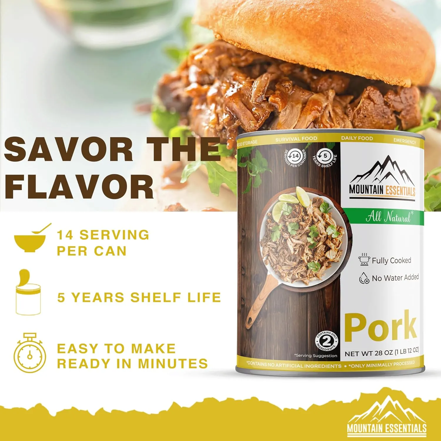 MOUNTAIN ESSENTIALS All Natural Canned Pork 28 Oz Fully Cooked Ready to Eat Emergency Survival Bulk Food Storage Premium Meat for Backpacking, Camping, Meal Prep Shelf Stable Food Pack of 12
