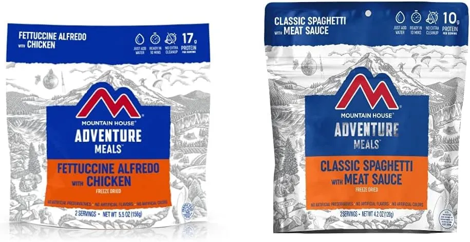 Mountain House Fettuccine Alfredo with Chicken | Freeze Dried Backpacking & Camping Food | 2-Servings & Classic Spaghetti with Meat Sauce | Freeze Dried Backpacking & Camping Food |2 Servings