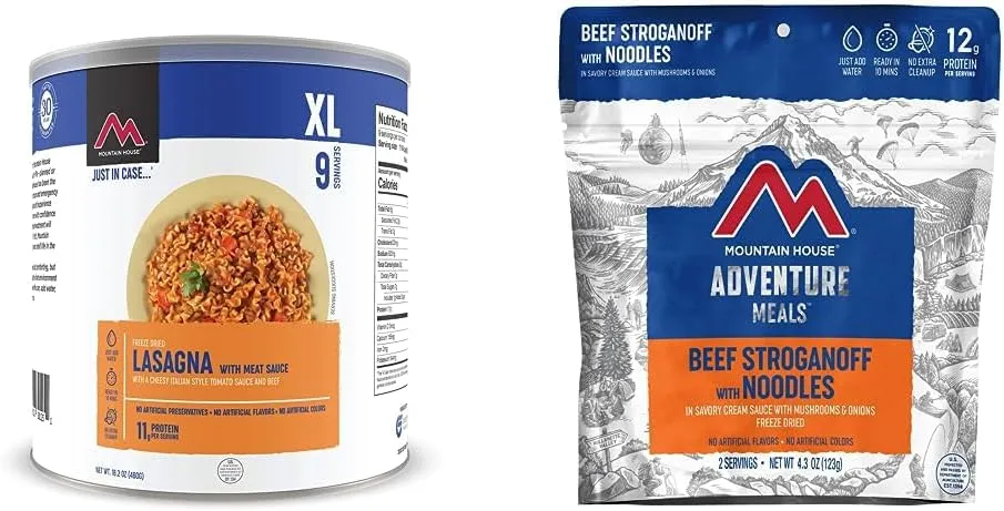 Mountain House Lasagna with Meat Sauce | Freeze Dried Survival & Emergency Food | #10 Can & Beef Stroganoff with Noodles | Freeze Dried Backpacking & Camping Food | 2 Servings