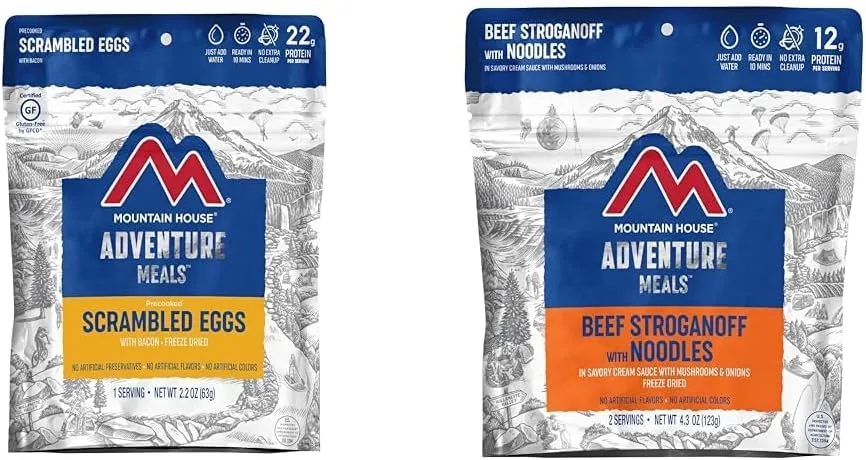 Mountain House Scrambled Eggs with Bacon | Freeze Dried Backpacking & Camping Food | Single Serving | Gluten-Free & Beef Stroganoff with Noodles | Freeze Dried Backpacking & Camping Food | 2 Servings