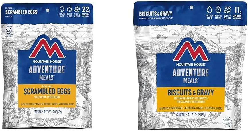 Mountain House Scrambled Eggs with Bacon | Freeze Dried Backpacking & Camping Food | Single Serving | Gluten-Free & Biscuits & Gravy | Freeze Dried Backpacking & Camping Food |2 Servings