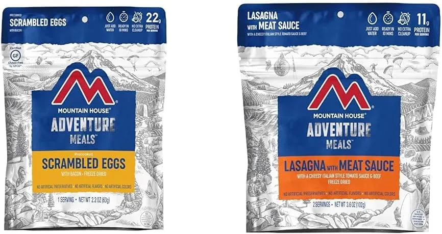 Mountain House Scrambled Eggs with Bacon | Freeze Dried Backpacking & Camping Food | Single Serving | Gluten-Free & Lasagna with Meat Sauce | Freeze Dried Backpacking & Camping Food |2 Servings