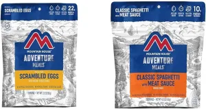 Mountain House Scrambled Eggs with Bacon Single Serving & Spaghetti with Meat Sauce 2 Servings Freeze Dried Backpacking Camping Food