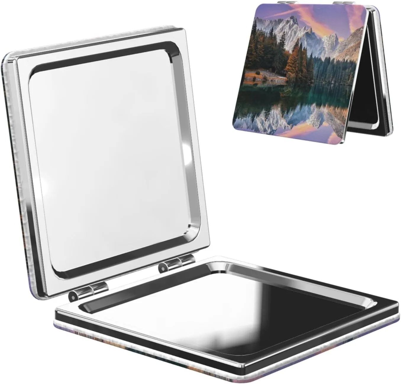 Mountain Lake Forest Tree Sunset Mini Makeup Mirror Portable Pocket Cosmetic Mirror Folding Compact Mirror