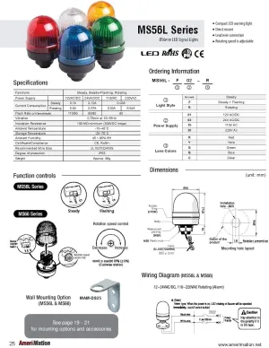 MS56L-F02-Y, Beacon Steady & Flash Light, 56mm Yellow Lens, 20mm Hole Direct mounting, LED, 24V DC/AC