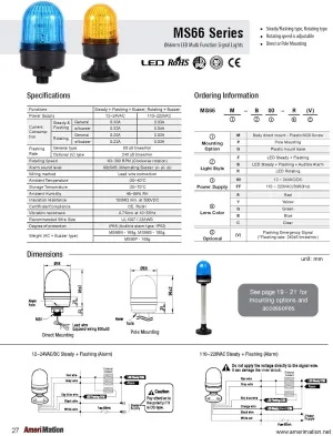 MS66M-F00-R, 66mm beacon signal LED light, Direct Mount, Steady/Flash, Red color, 12-24V AC/DC