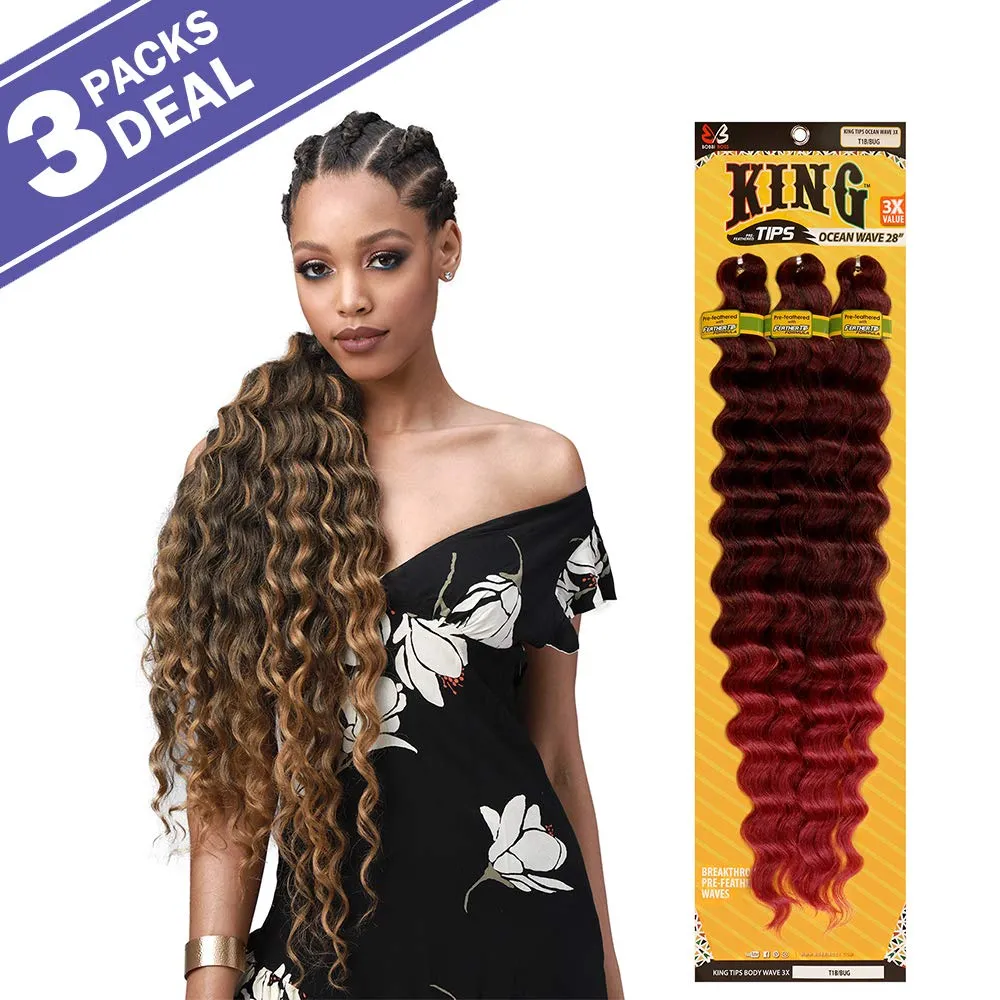 MULTI PACK DEALS! Bobbi Boss Synthetic Hair Braids Pre-Feathered 3X King Tips Ocean Wave 28" (3-PACK, 2)
