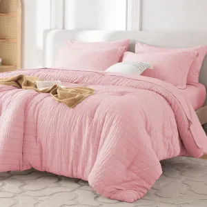 MUXHOMO 7 Pieces Queen Comforter Set, Seersucker Bed in a Bag Queen Size, All Season Luxury Bedding Set with Comforter, Flat Sheet, Fitted Sheet, Pillowcases & Shams, Pink