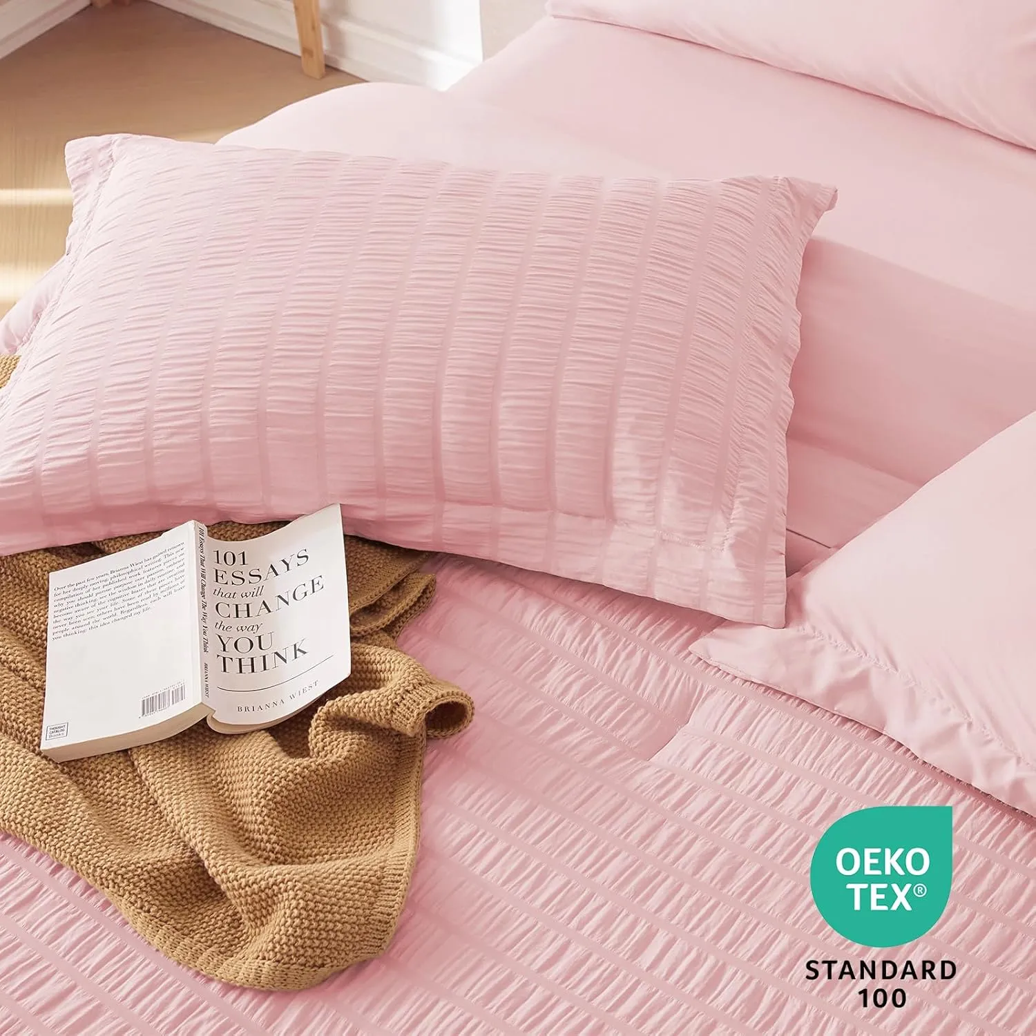 MUXHOMO 7 Pieces Queen Comforter Set, Seersucker Bed in a Bag Queen Size, All Season Luxury Bedding Set with Comforter, Flat Sheet, Fitted Sheet, Pillowcases & Shams, Pink