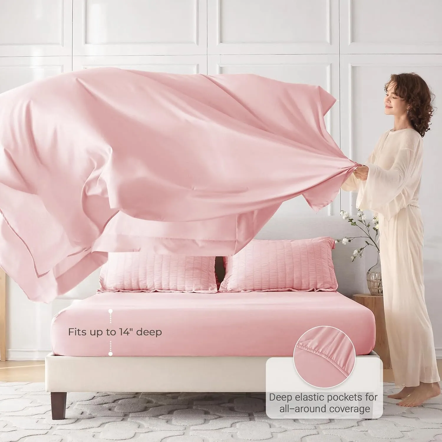 MUXHOMO 7 Pieces Queen Comforter Set, Seersucker Bed in a Bag Queen Size, All Season Luxury Bedding Set with Comforter, Flat Sheet, Fitted Sheet, Pillowcases & Shams, Pink