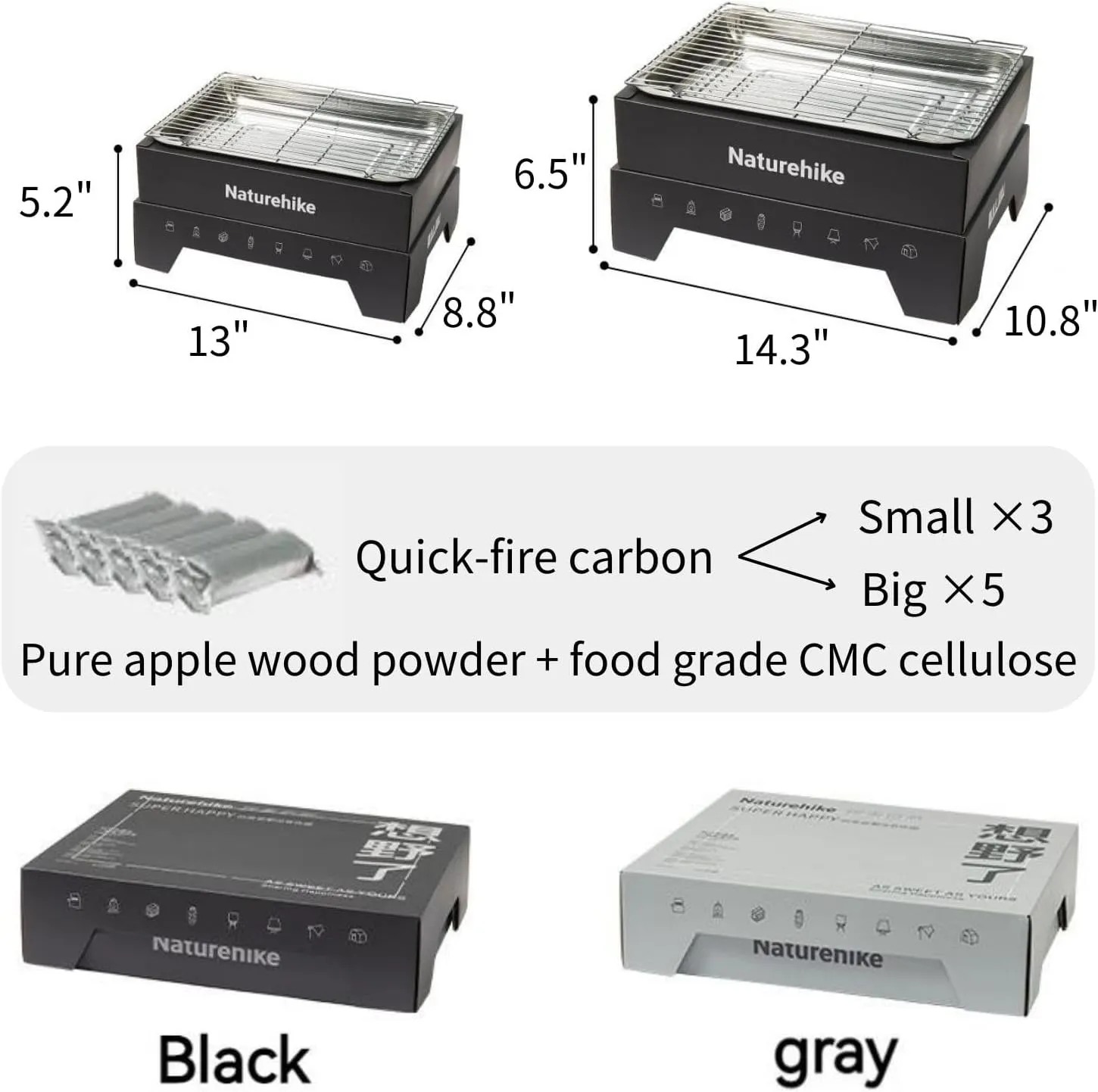 Naturehike Disposable Charcoal Grill, Barbecue Grill Easy Lighting Grill, folding barbecue grill, for Camping, Convenient, Portable, Quick Burning Charcoal and Charcoal Clip Included (small, grey)