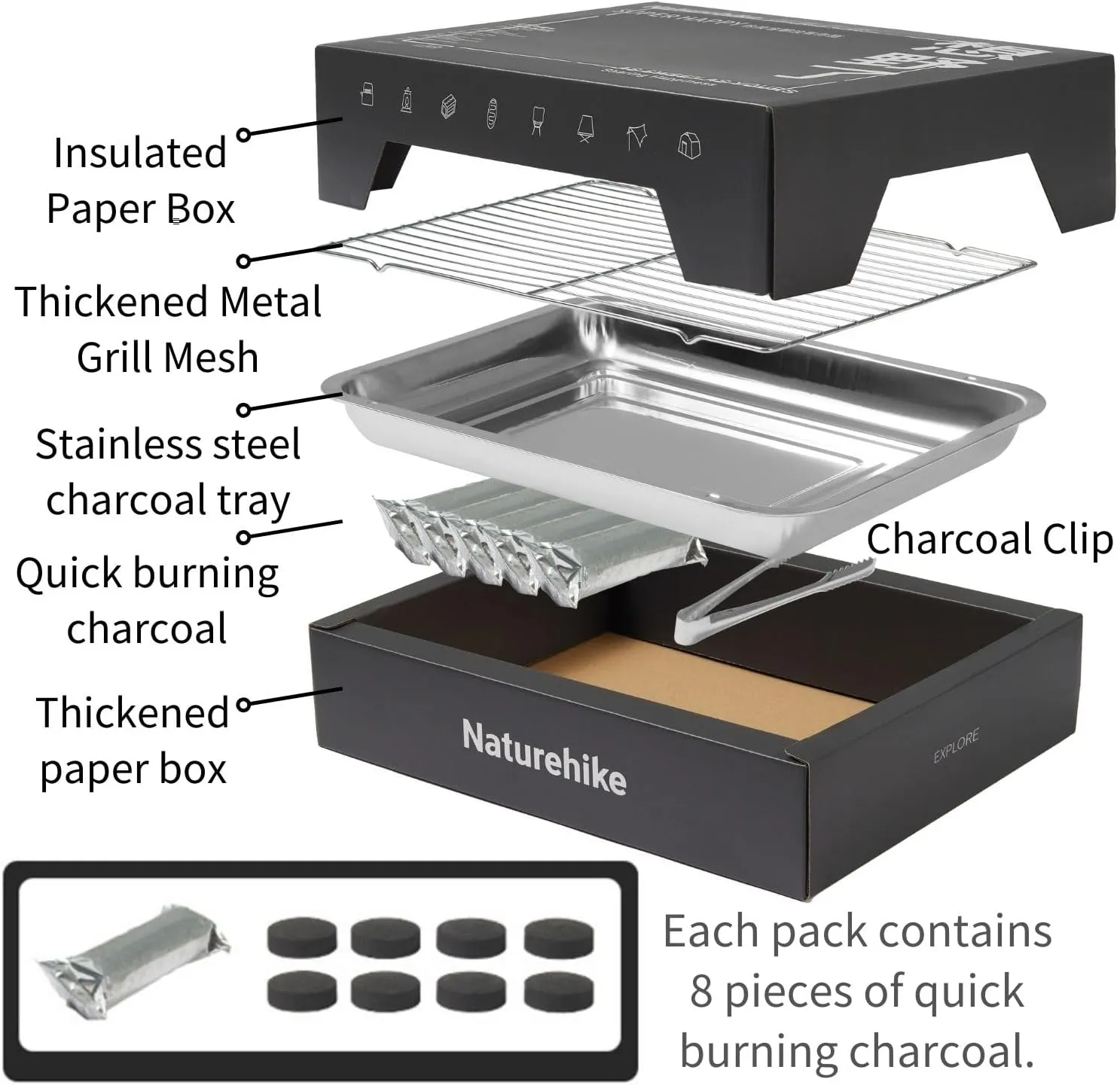Naturehike Disposable Charcoal Grill, Barbecue Grill Easy Lighting Grill, folding barbecue grill, for Camping, Convenient, Portable, Quick Burning Charcoal and Charcoal Clip Included (small, grey)