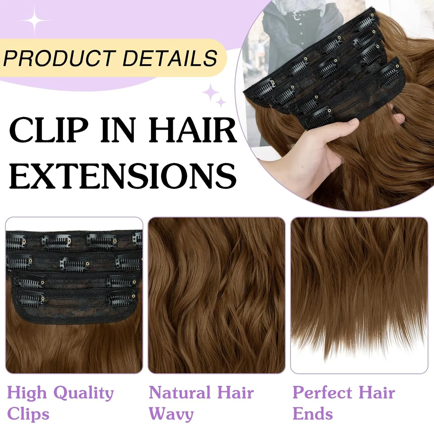 NAYOO 4PCS Clip in Hair Extensions Long Wavy Curly Synthetic Thick Hairpieces Medium Brown for Women with Fiber Double Weft Hair Full Head（16 Inch, Medium Brown）