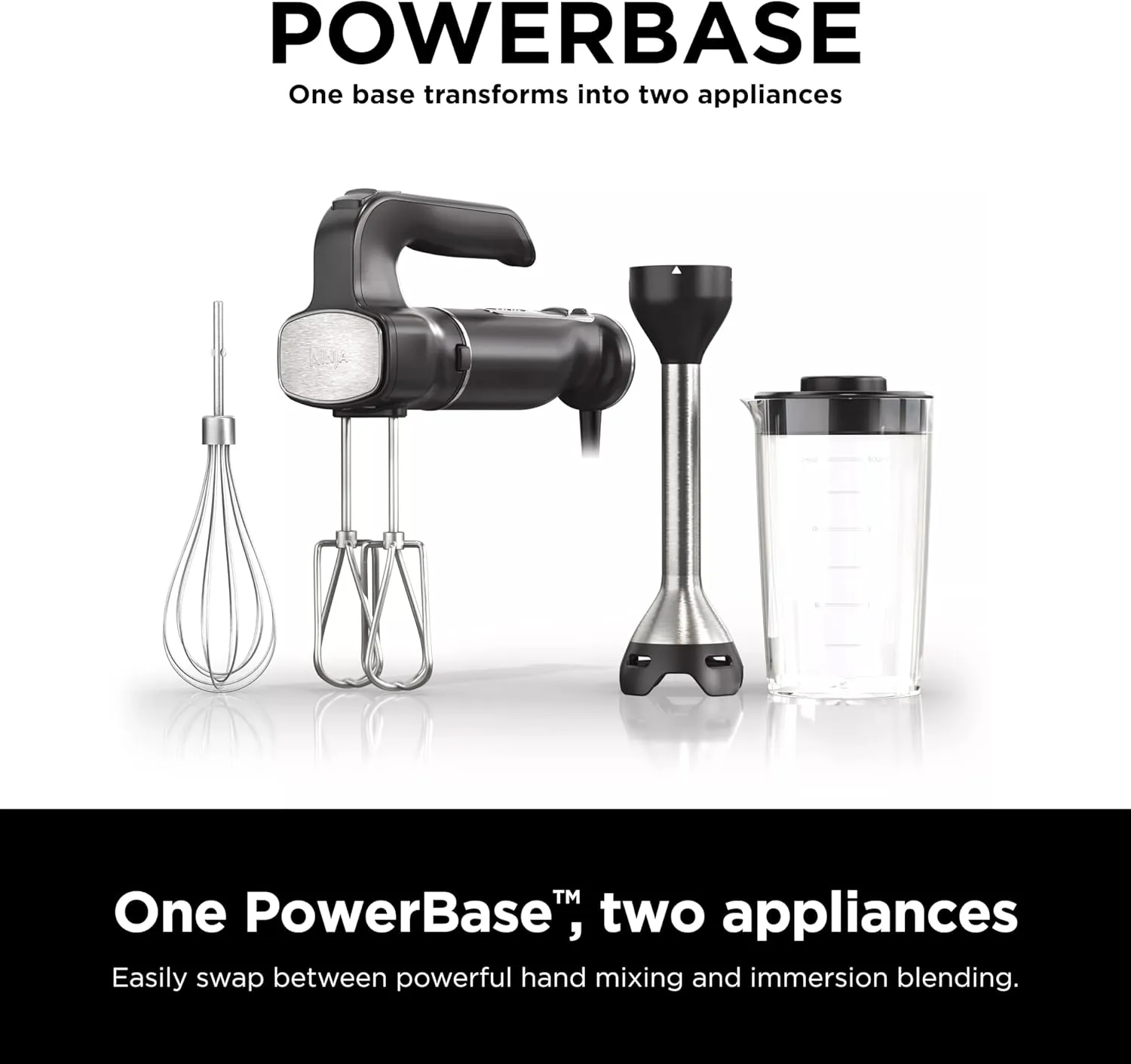 Ninja Hand Mixer, Immersion Blender, Foodi Power Mixer System, 750-Peak-Watt Handheld Emulsion Blender & Electric Hand Mixer Combo With Whisk, Beaters & 3-Cup Blending Vessel,120 volts, Black CI101