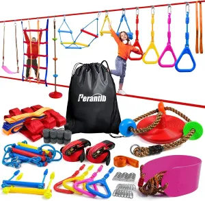 Ninja Warrior Obstacle Course for Kids-Playground Fitness Equipment Ninja Slackline with Multiple Accessories for Kids,Contain Swings,Rope ladders,Rings,Ninja Couse for Kids Outside (2x56ft)