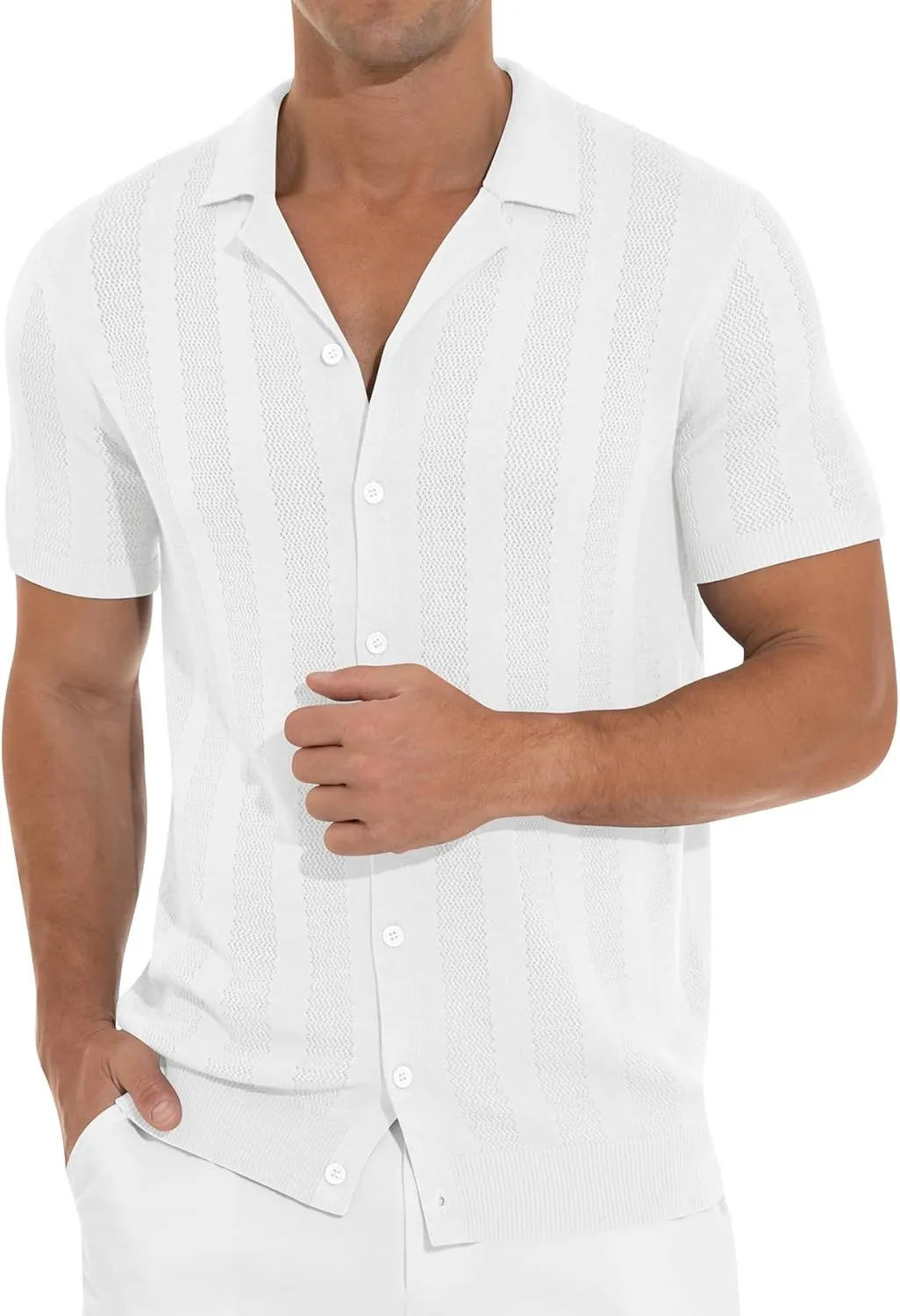 NITAGUT Men's Vacation Beach Shirts Knit Cuban Collar Mesh Button Down Short Sleeve Shirt