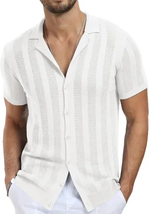 NITAGUT Men's Vacation Beach Shirts Knit Cuban Collar Mesh Button Down Short Sleeve Shirt