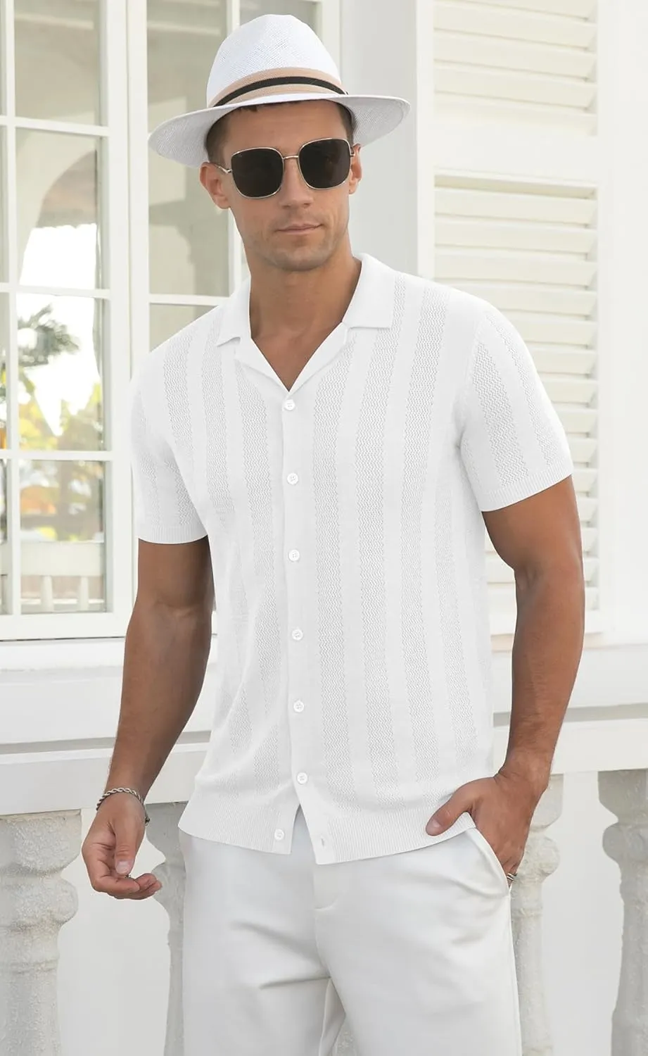 NITAGUT Men's Vacation Beach Shirts Knit Cuban Collar Mesh Button Down Short Sleeve Shirt