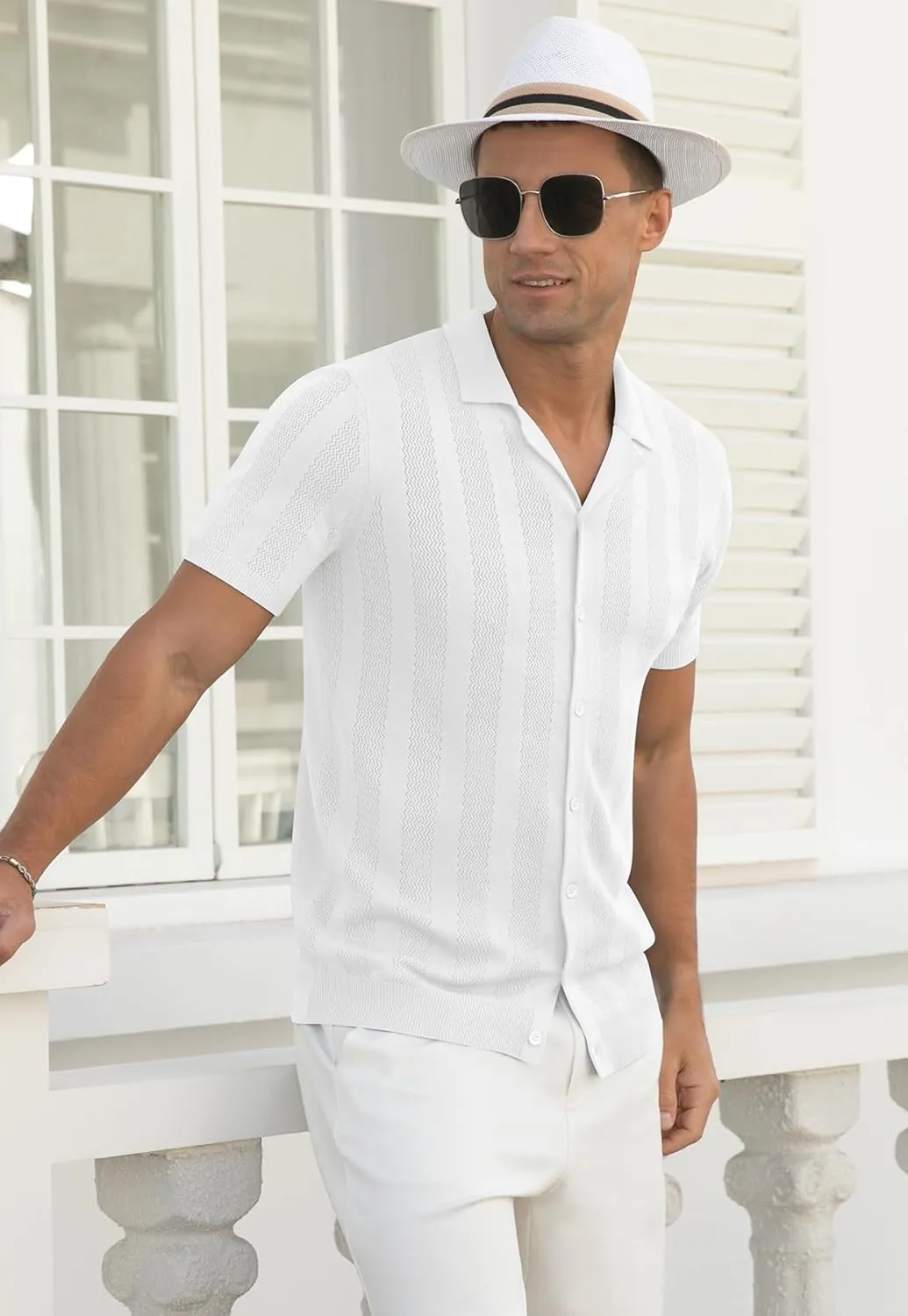 NITAGUT Men's Vacation Beach Shirts Knit Cuban Collar Mesh Button Down Short Sleeve Shirt