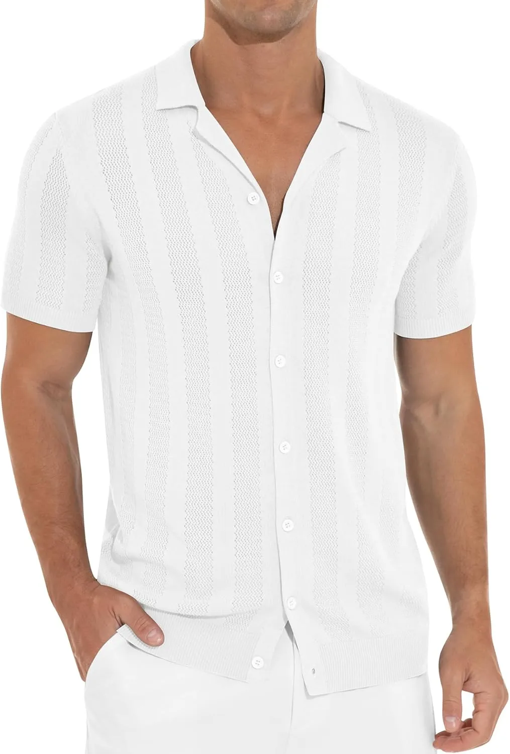 NITAGUT Men's Vacation Beach Shirts Knit Cuban Collar Mesh Button Down Short Sleeve Shirt