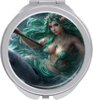 Ocean Goddess Dolphins Greek Myth Travel Makeup Mirror 2-Sided 1x 2X Magnification Portable Mini Mirror for Handbag Purse Pocket