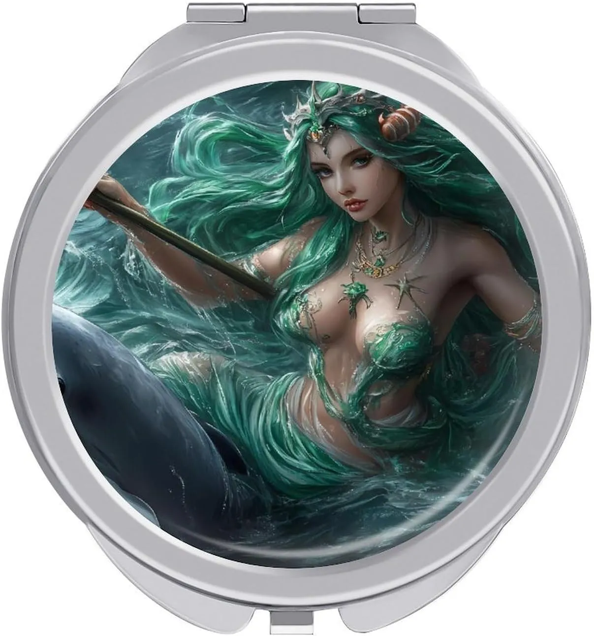 Ocean Goddess Dolphins Greek Myth Travel Makeup Mirror 2-Sided 1x 2X Magnification Portable Mini Mirror for Handbag Purse Pocket