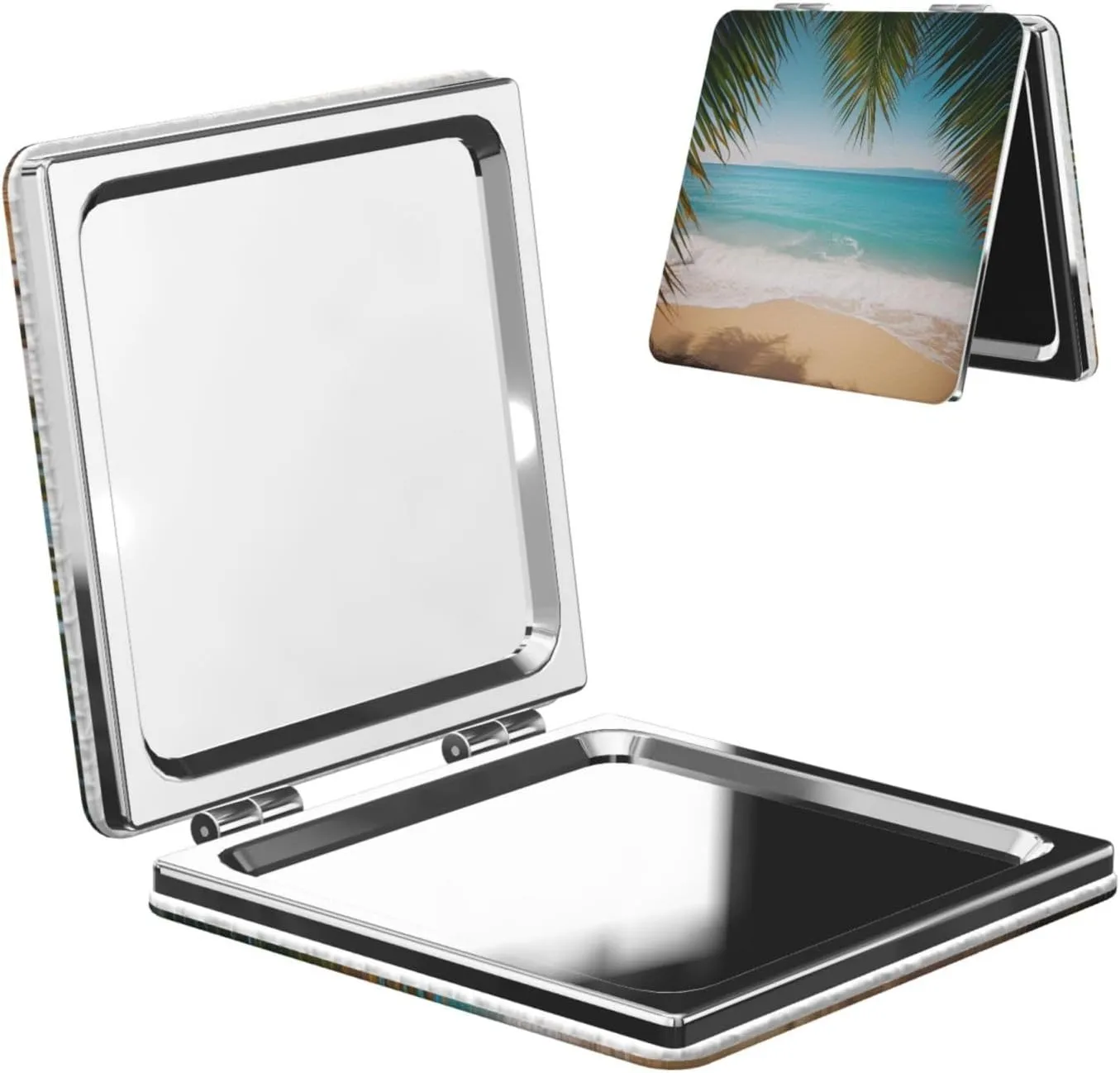Ocean Sea Beach Palm Leaves Printed Square Pocket Makeup Mirror with 1X/2X Magnification, Portable Mini Travel Makeup Mirror for Travel Daily Work Beauty
