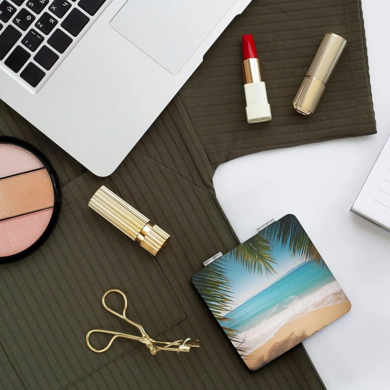 Ocean Sea Beach Palm Leaves Printed Square Pocket Makeup Mirror with 1X/2X Magnification, Portable Mini Travel Makeup Mirror for Travel Daily Work Beauty