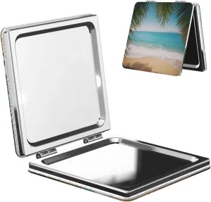 Ocean Sea Beach Palm Leaves Printed Square Pocket Makeup Mirror with 1X/2X Magnification, Portable Mini Travel Makeup Mirror for Travel Daily Work Beauty