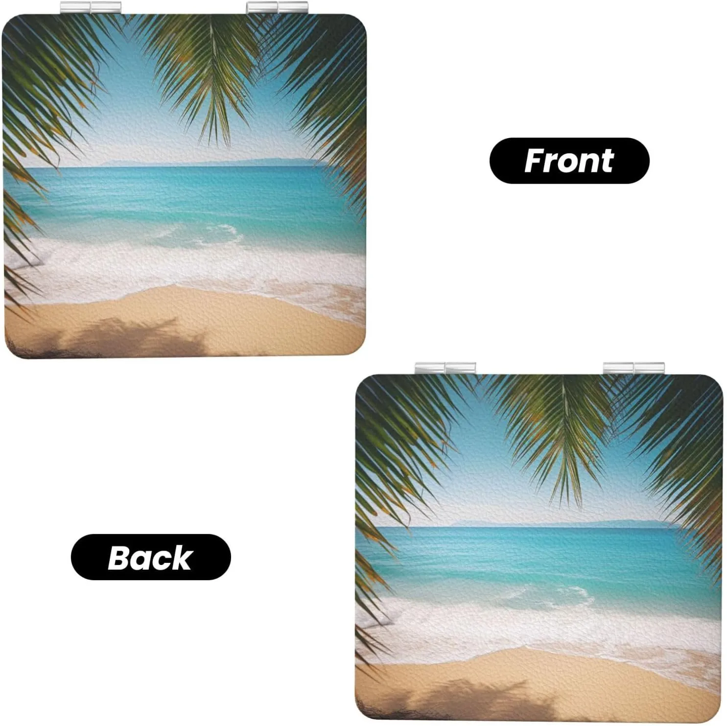 Ocean Sea Beach Palm Leaves Printed Square Pocket Makeup Mirror with 1X/2X Magnification, Portable Mini Travel Makeup Mirror for Travel Daily Work Beauty