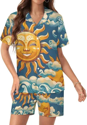 Ocean Sunrise Faces Women's Satin Pajama Set Short Sleeve Button Down Sleepwear Loungewear Pj Set